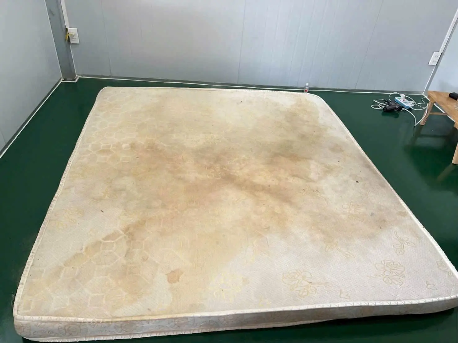 Nệm vải be có vết ố lớn trước khi vệ sinh