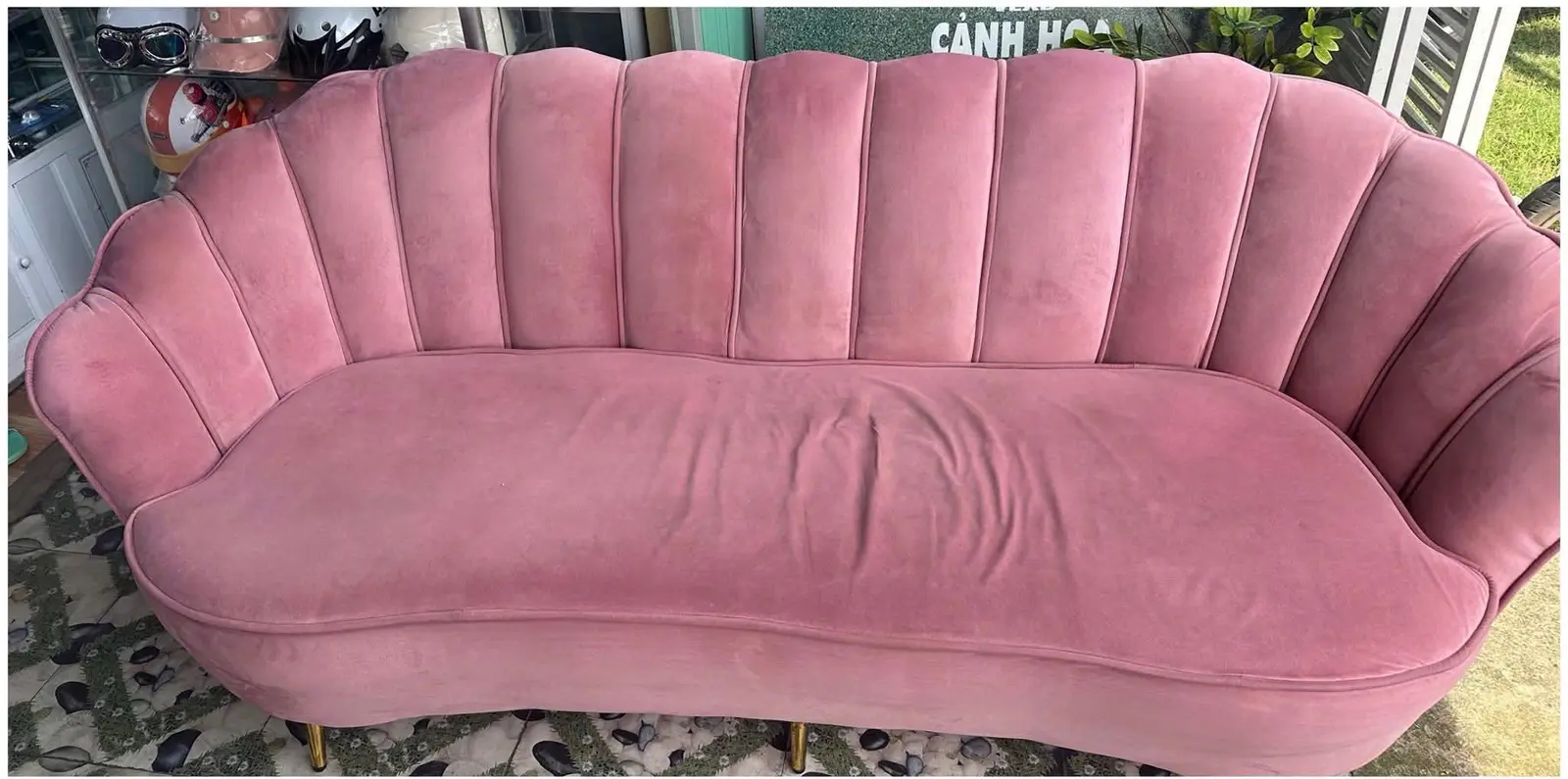Sofa nhung hồng dáng vỏ sò trước khi vệ sinh